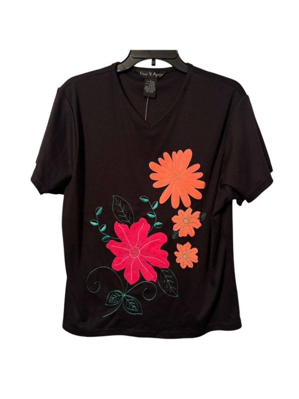Once & Again Womens Black V-Neck Floral Embroidered T-Shirt Sz L Cotton/Polyeste - Picture 7 of 12